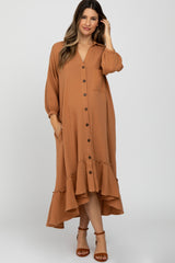 Camel Button Down Hi-Low Maternity Midi Dress