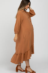 Camel Button Down Hi-Low Maternity Midi Dress