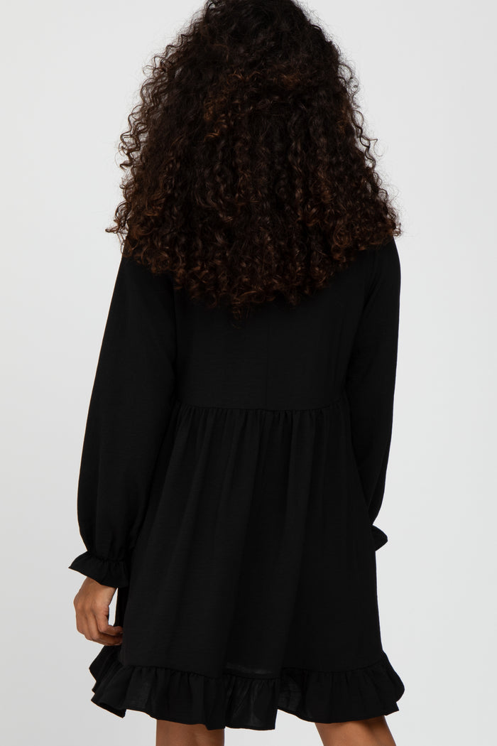 Black Ruffle Trim Long Sleeve Dress