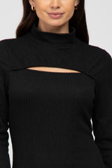 Black Ribbed Mock Neck Front Cutout Dress