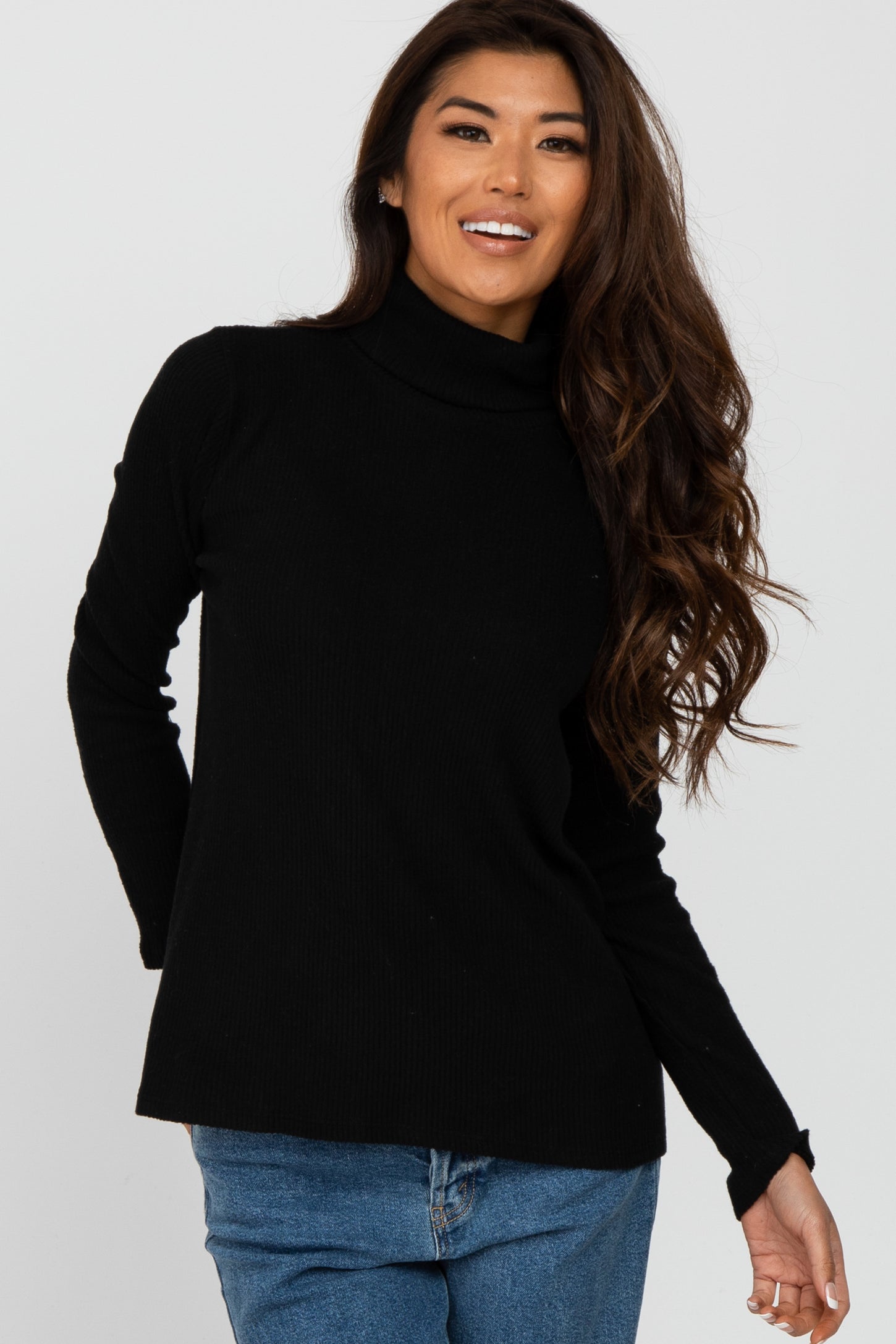 Black Brushed Rib Turtleneck Top