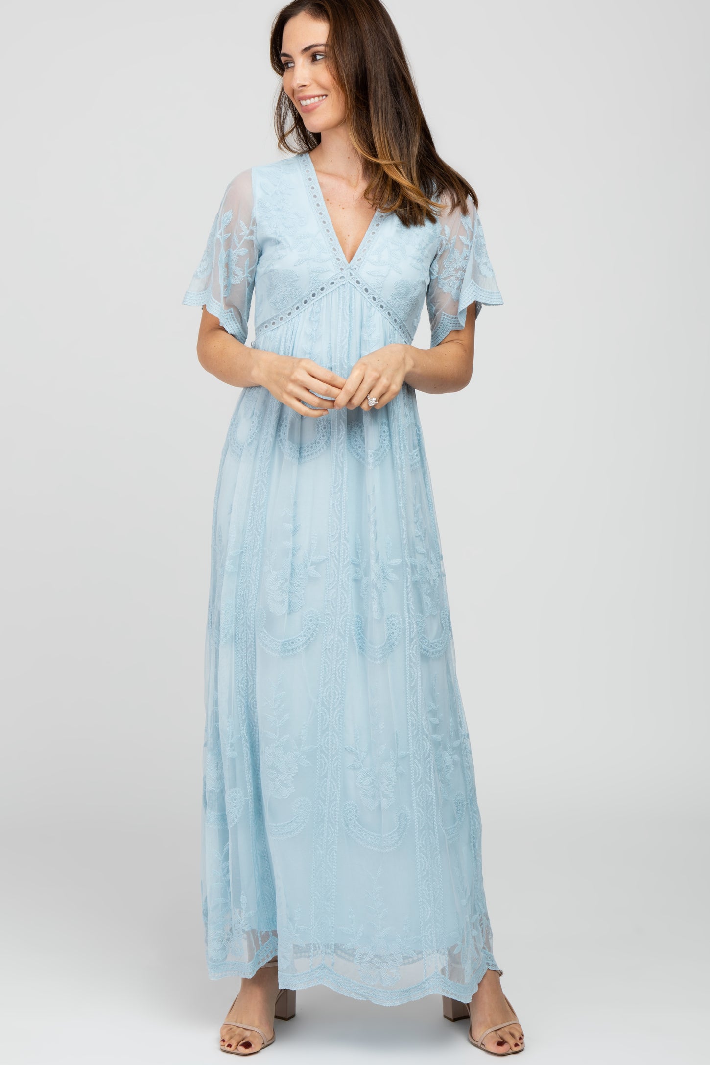 Light Blue Lace Mesh Overlay Maxi Dress