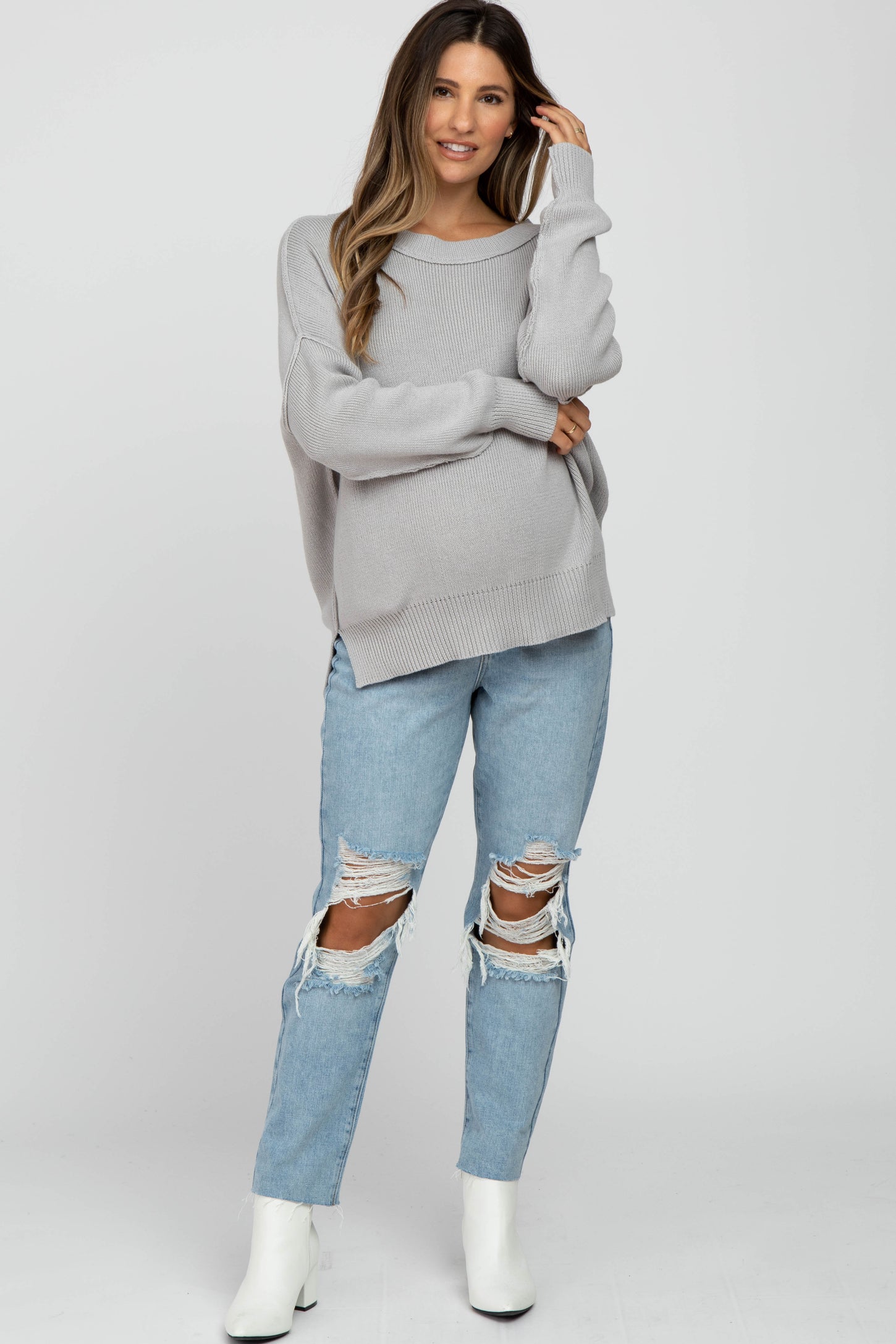 Grey Exposed Seam Side Slit Maternity Sweater