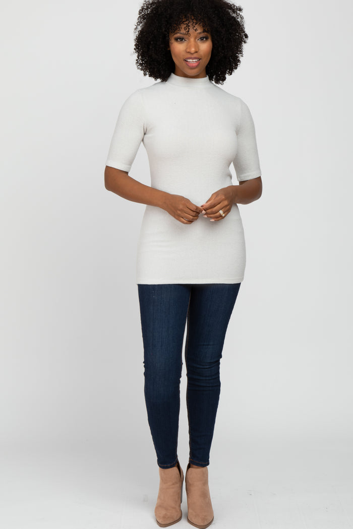 Cream Soft Brushed Knit Mock Neck Top