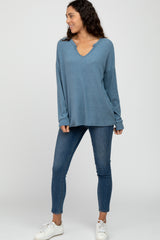 Blue Ribbed Split Neck Knit Top