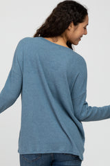 Blue Ribbed Split Neck Knit Top