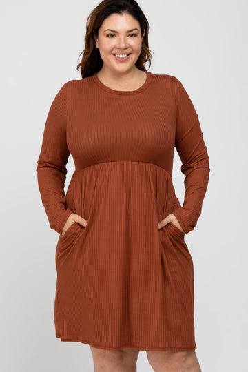 Rust Ribbed Long Sleeve Plus Dress