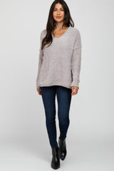 Beige Chenille V-Neck Hooded Sweater