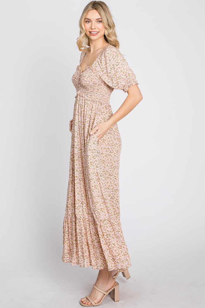 Pink Floral Sweetheart Neck Midi Dress