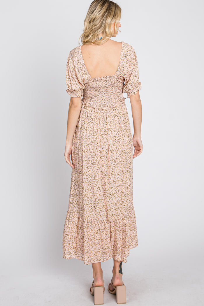 Pink Floral Sweetheart Neck Midi Dress