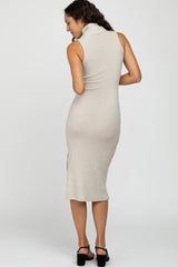 Beige Ribbed Turtleneck Fitted Midi Dress