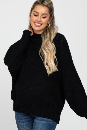 Black Mock Neck Cable Knit Maternity Sweater