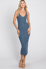 Blue Sleeveless V-Neck Sweater Dress