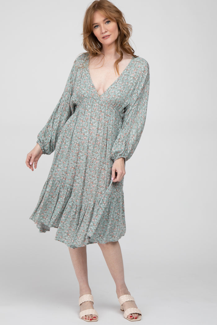 Sage Ditsy Floral V-Neck Handkerchief Dress