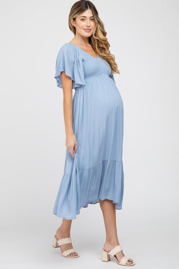Blue Smocked Ruffle Maternity Dress