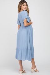 Blue Smocked Ruffle Maternity Dress