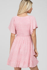 Light Pink Floral Print Smocked V-Neck Dress