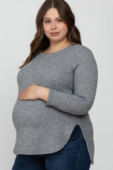 Heather Grey Ribbed Long Sleeve Curved Hem Plus Maternity Top