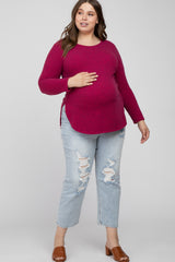Burgundy Ribbed Long Sleeve Curved Hem Plus Maternity Top