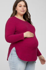 Burgundy Ribbed Long Sleeve Curved Hem Plus Maternity Top
