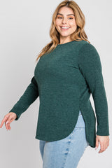 Forest Green Ribbed Long Sleeve Curved Hem Plus Top