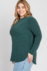 Forest Green Ribbed Long Sleeve Curved Hem Plus Top