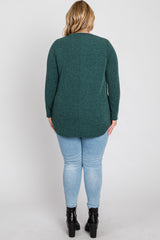 Forest Green Ribbed Long Sleeve Curved Hem Plus Top