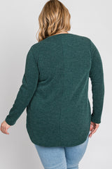 Forest Green Ribbed Long Sleeve Curved Hem Plus Top