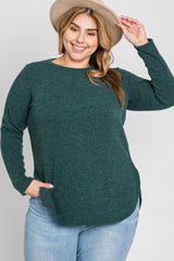 Forest Green Ribbed Long Sleeve Curved Hem Plus Top