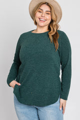 Forest Green Ribbed Long Sleeve Curved Hem Plus Top