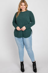 Forest Green Ribbed Long Sleeve Curved Hem Plus Top