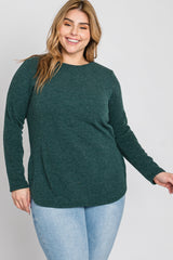 Forest Green Ribbed Long Sleeve Curved Hem Plus Top