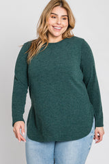 Forest Green Ribbed Long Sleeve Curved Hem Plus Top