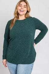 Forest Green Ribbed Long Sleeve Curved Hem Plus Top