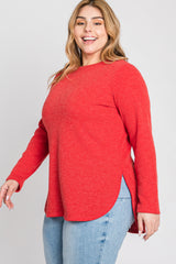 Red Ribbed Long Sleeve Curved Hem Plus Top