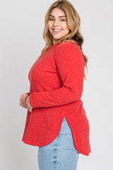 Red Ribbed Long Sleeve Curved Hem Plus Top