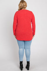 Red Ribbed Long Sleeve Curved Hem Plus Top