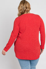 Red Ribbed Long Sleeve Curved Hem Plus Top