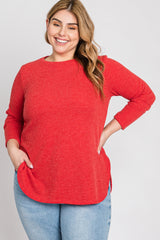 Red Ribbed Long Sleeve Curved Hem Plus Top
