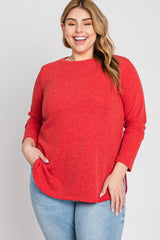 Red Ribbed Long Sleeve Curved Hem Plus Top