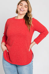 Red Ribbed Long Sleeve Curved Hem Plus Top