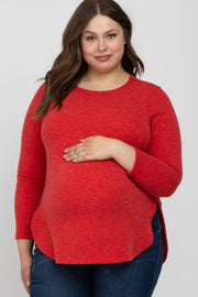 Red Ribbed Long Sleeve Curved Hem Plus Maternity Top