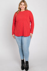 Red Ribbed Long Sleeve Curved Hem Plus Top