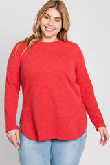 Red Ribbed Long Sleeve Curved Hem Plus Top