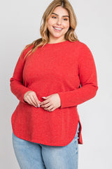 Red Ribbed Long Sleeve Curved Hem Plus Top