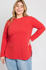 Red Ribbed Long Sleeve Curved Hem Plus Top