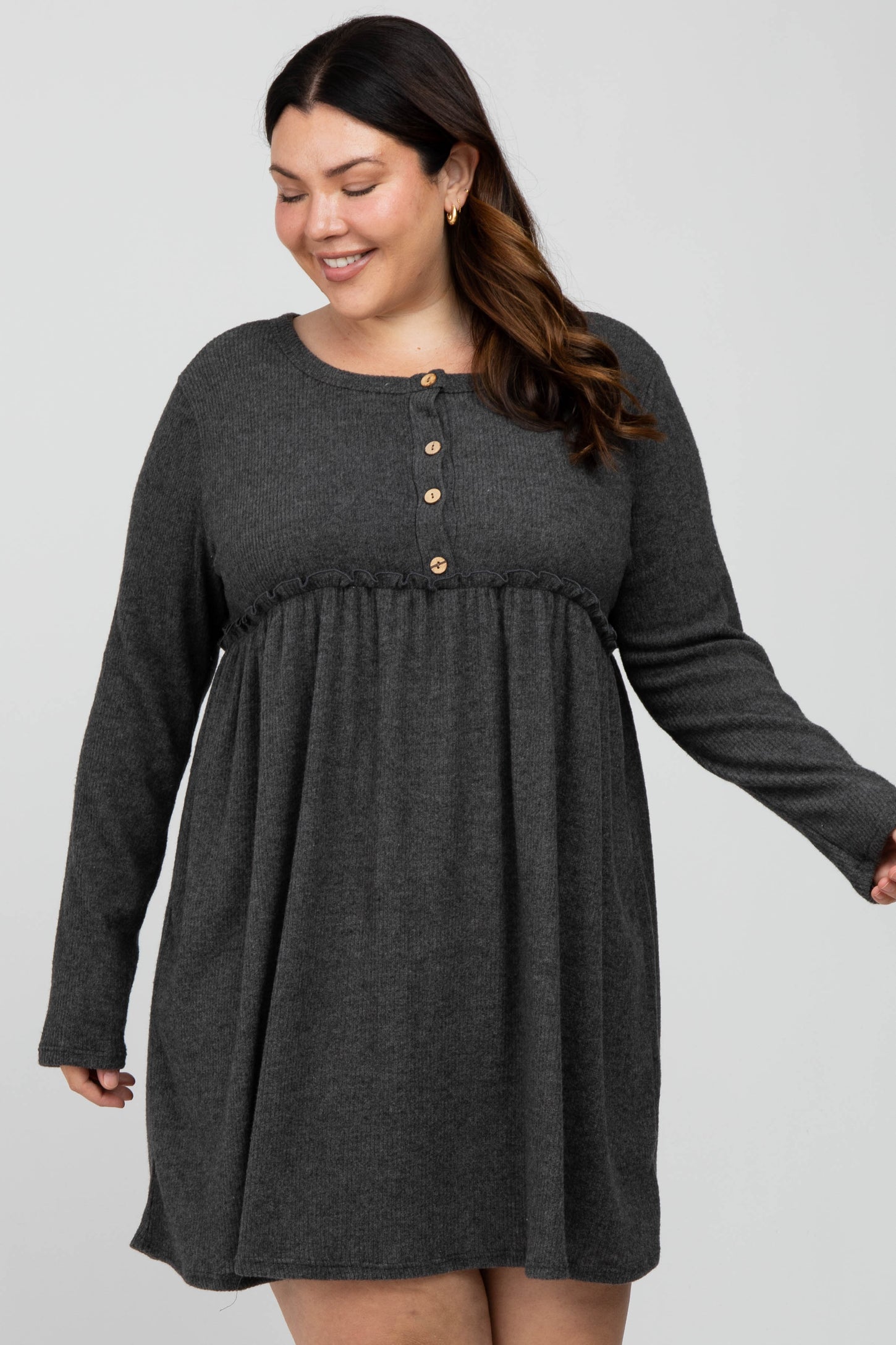 Charcoal Brushed Rib Button Accent Maternity Plus Dress