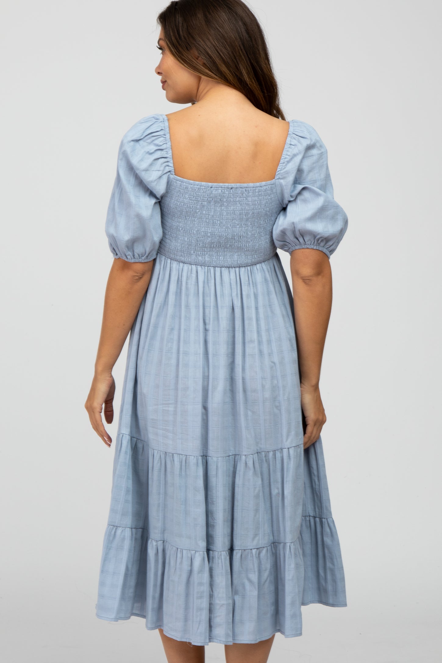 Blue Plaid Square Neck Maternity Midi Dress