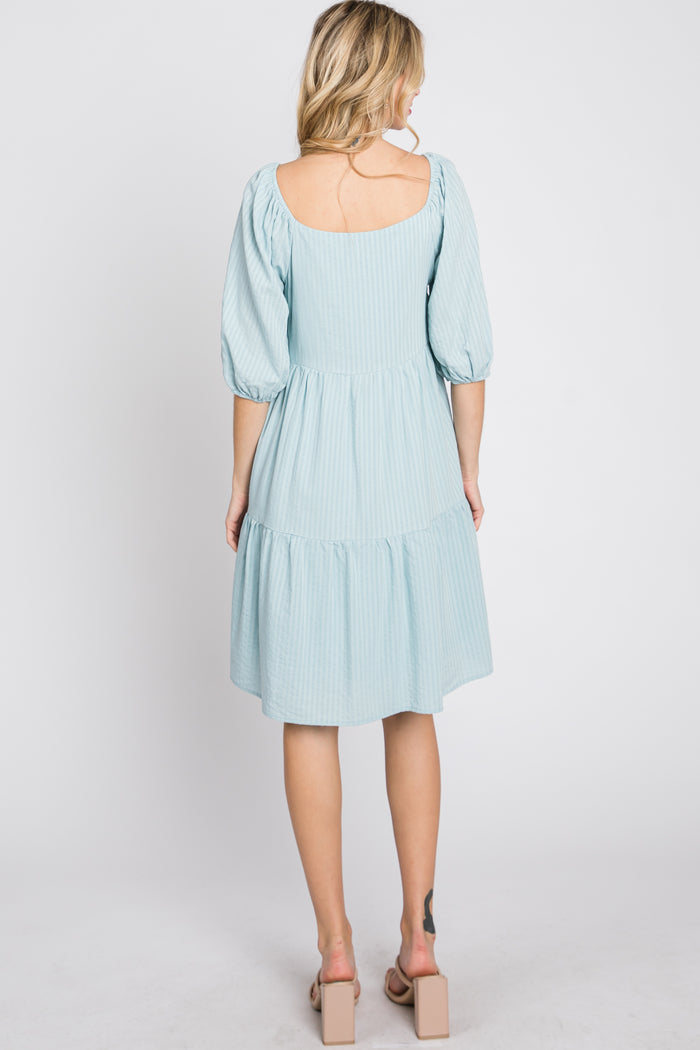 Light Blue Striped Square Neck Puff Sleeve Dress