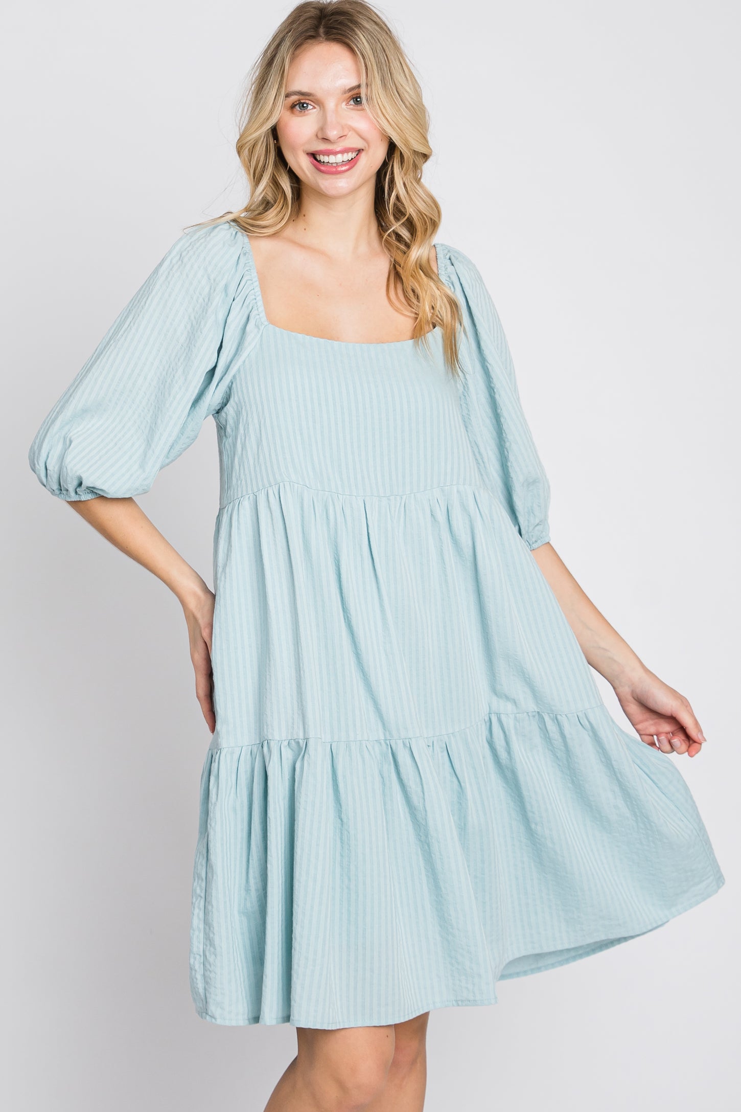 Light Blue Striped Square Neck Puff Sleeve Dress